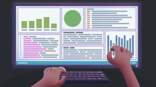 Someone is working on their computer, zooming in and out of different graphs and charts.