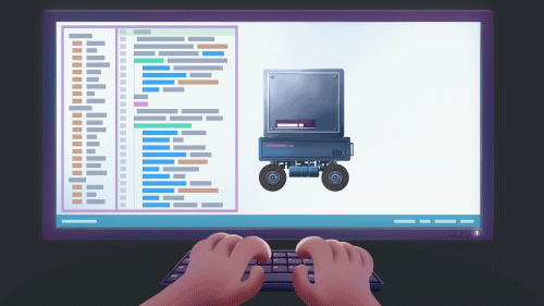Someone is working on their computer as a robot keeps bumping at the right side of the inner screen.