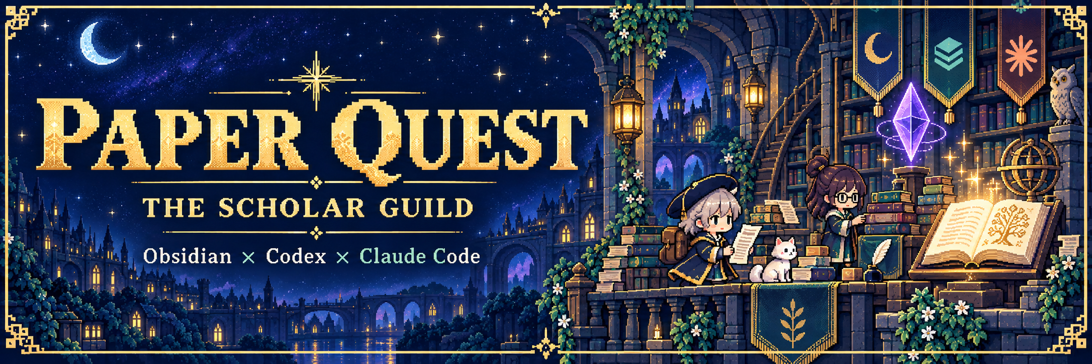 PAPER QUEST · THE SCHOLAR GUILD：星空下的像素学术公会，学者携带论文走进点亮的图书馆。Obsidian × Codex × Claude Code。
