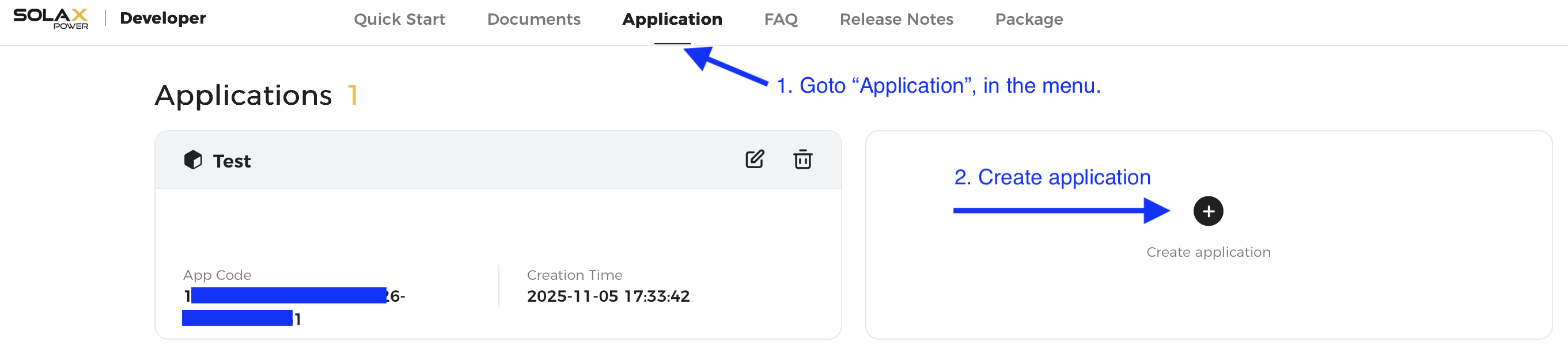 SolaX Developer Portal application page