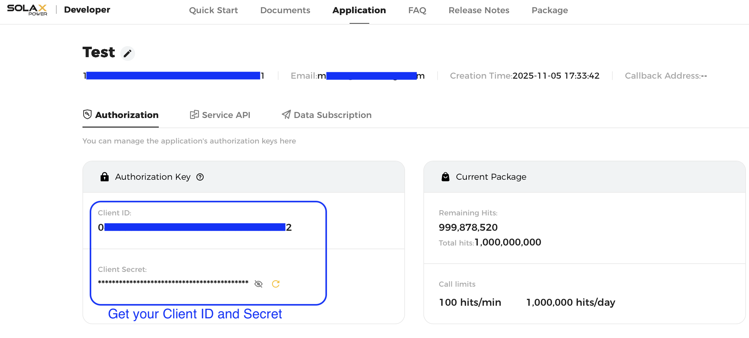 SolaX Developer Portal authorization tab with Client ID and Client Secret