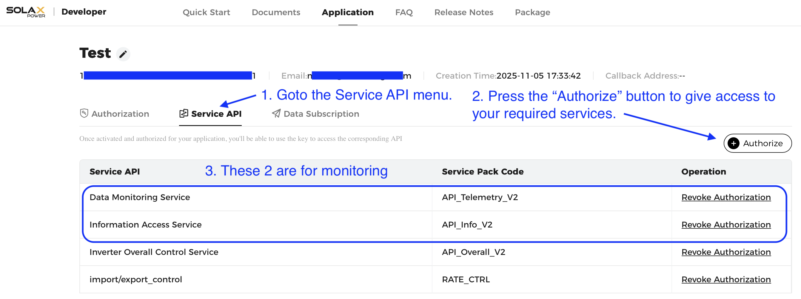 SolaX Developer Portal Service API authorization for monitoring services
