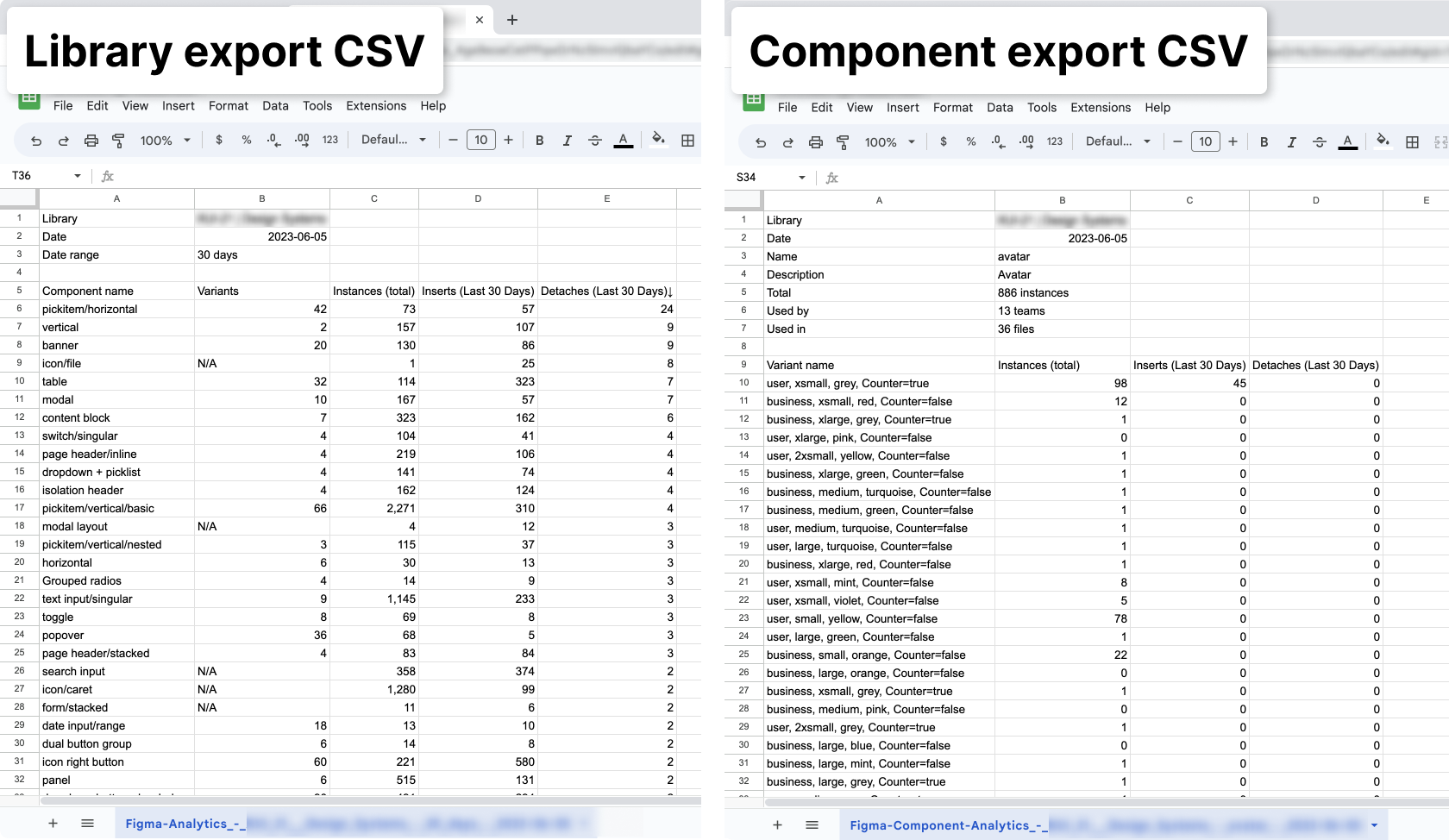 Two examples of CSV files exported by the plugin, showing details for a Library and a Componenent