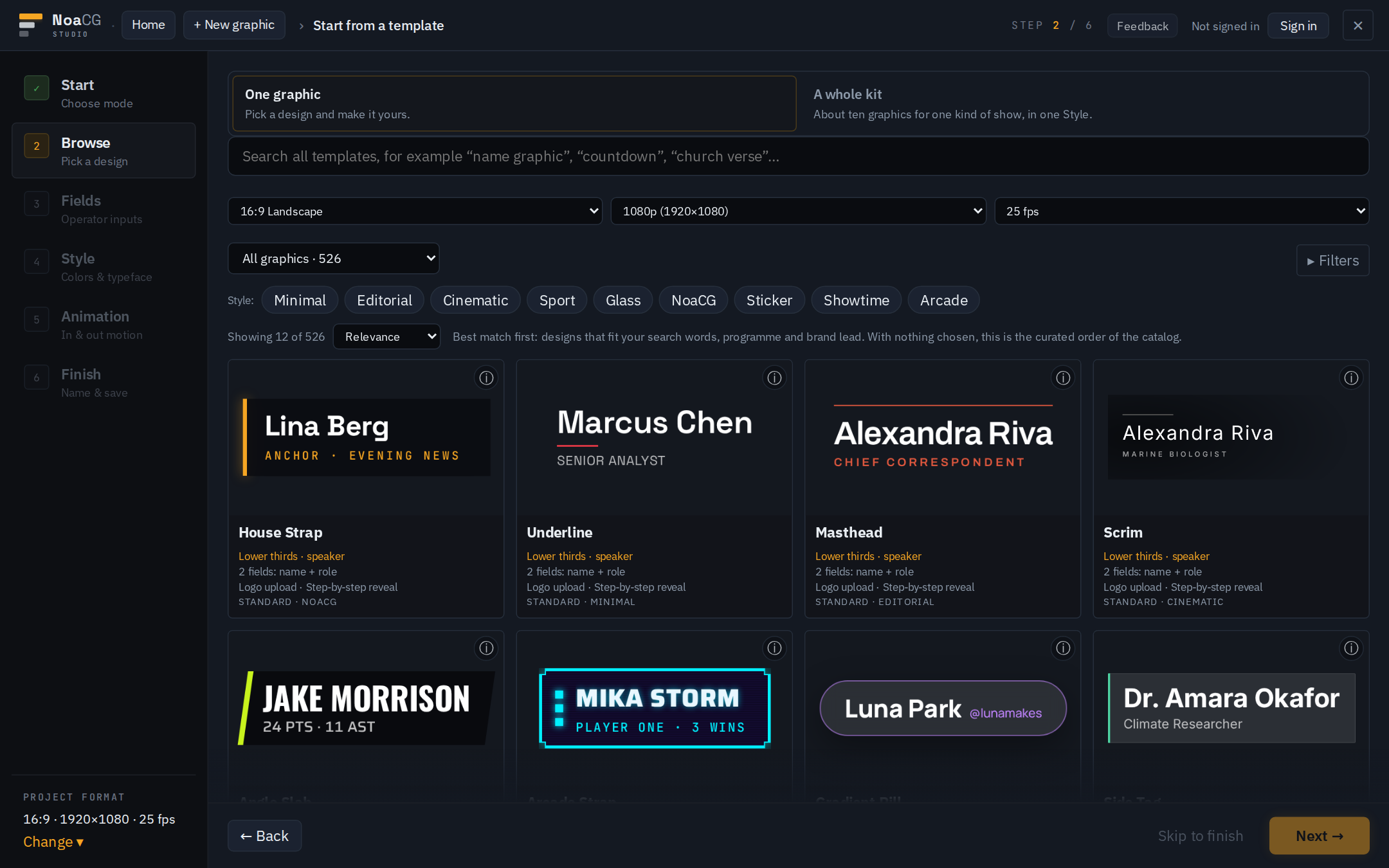 The template library: live previews of lower thirds with search and style filters