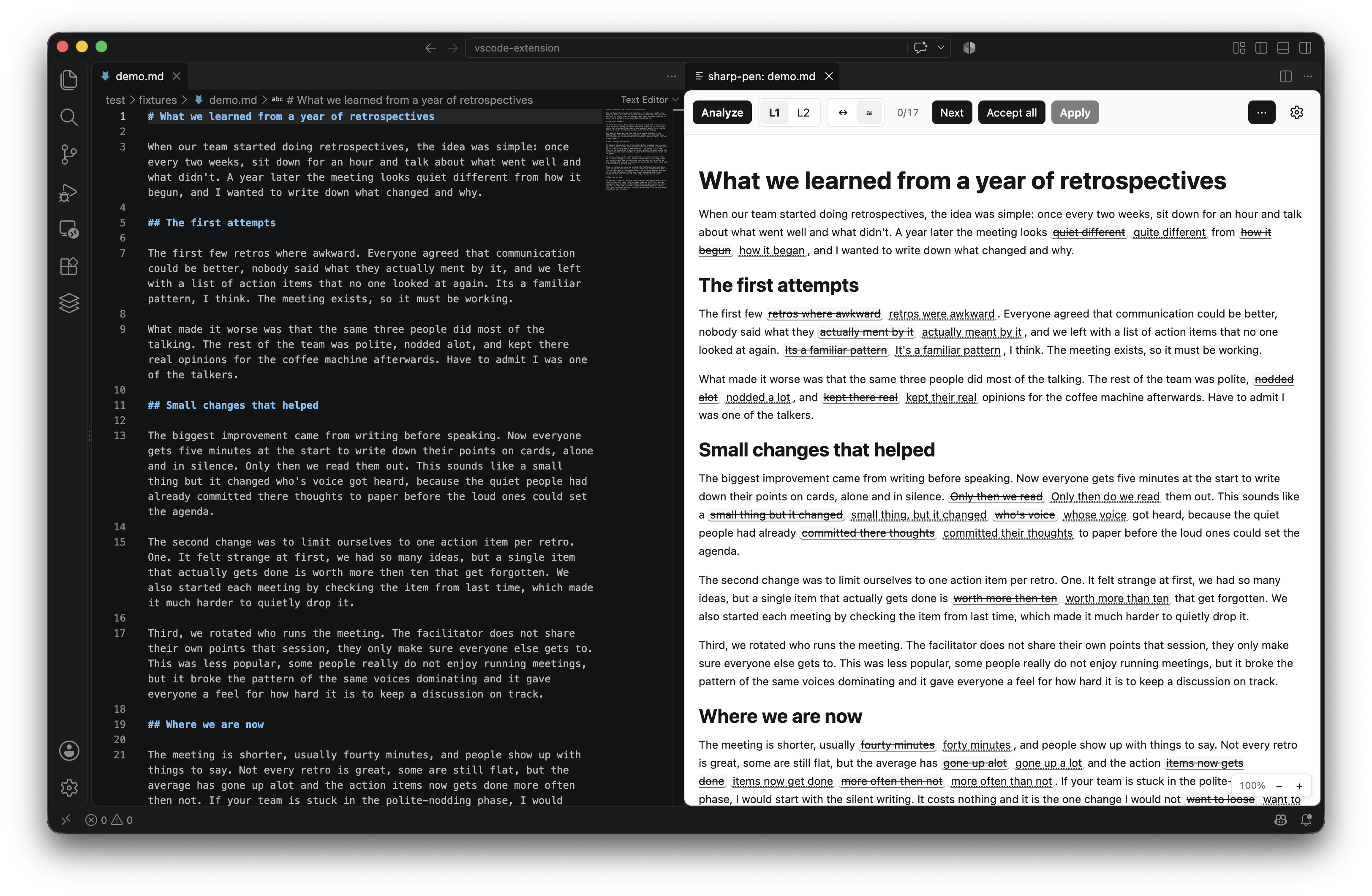 sharp-pen inline review in VS Code: Markdown source beside an interactive rendered review