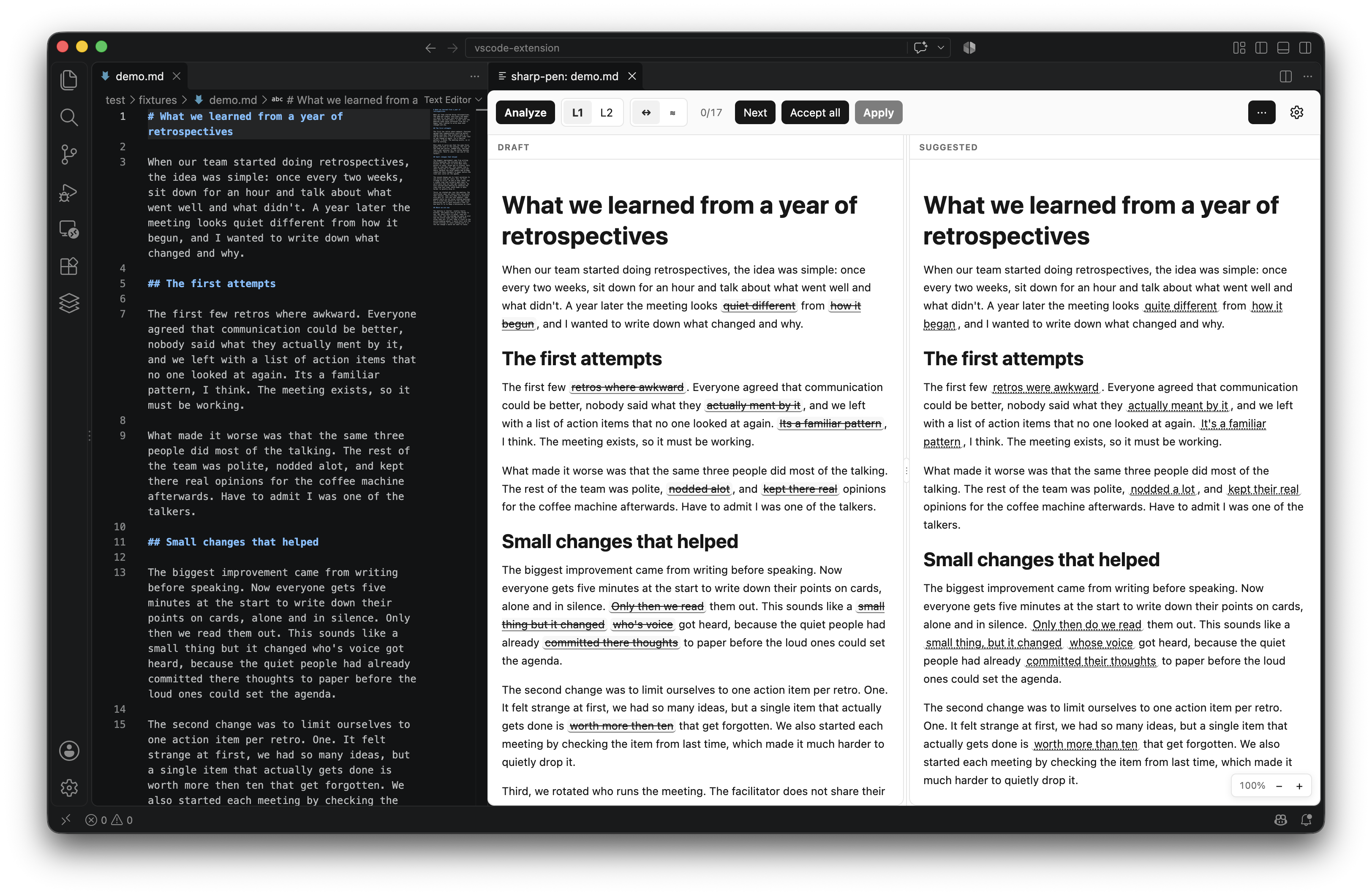sharp-pen split review in VS Code: Markdown source beside the draft and suggested-text panes
