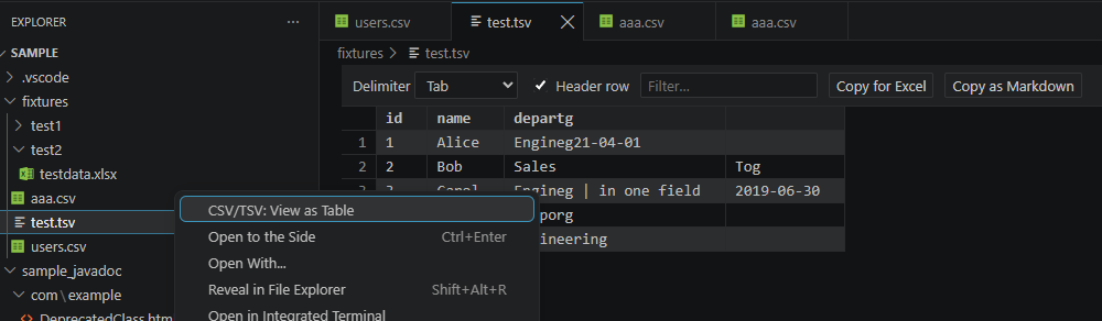 Viewing a TSV file as a table from the Explorer context menu
