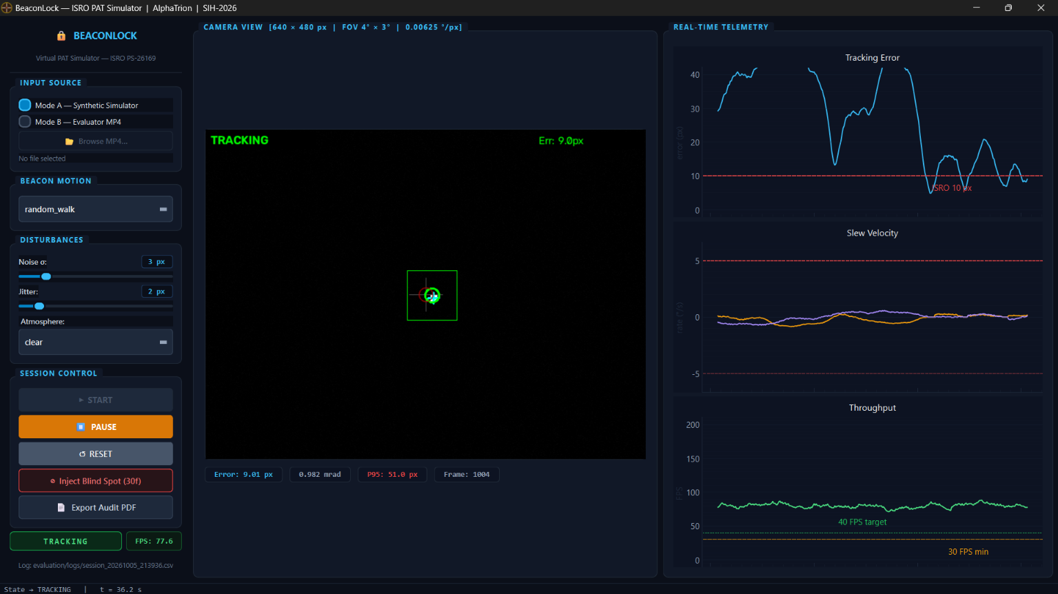 BeaconLock live telemetry cockpit showing closed-loop coarse acquisition tracking