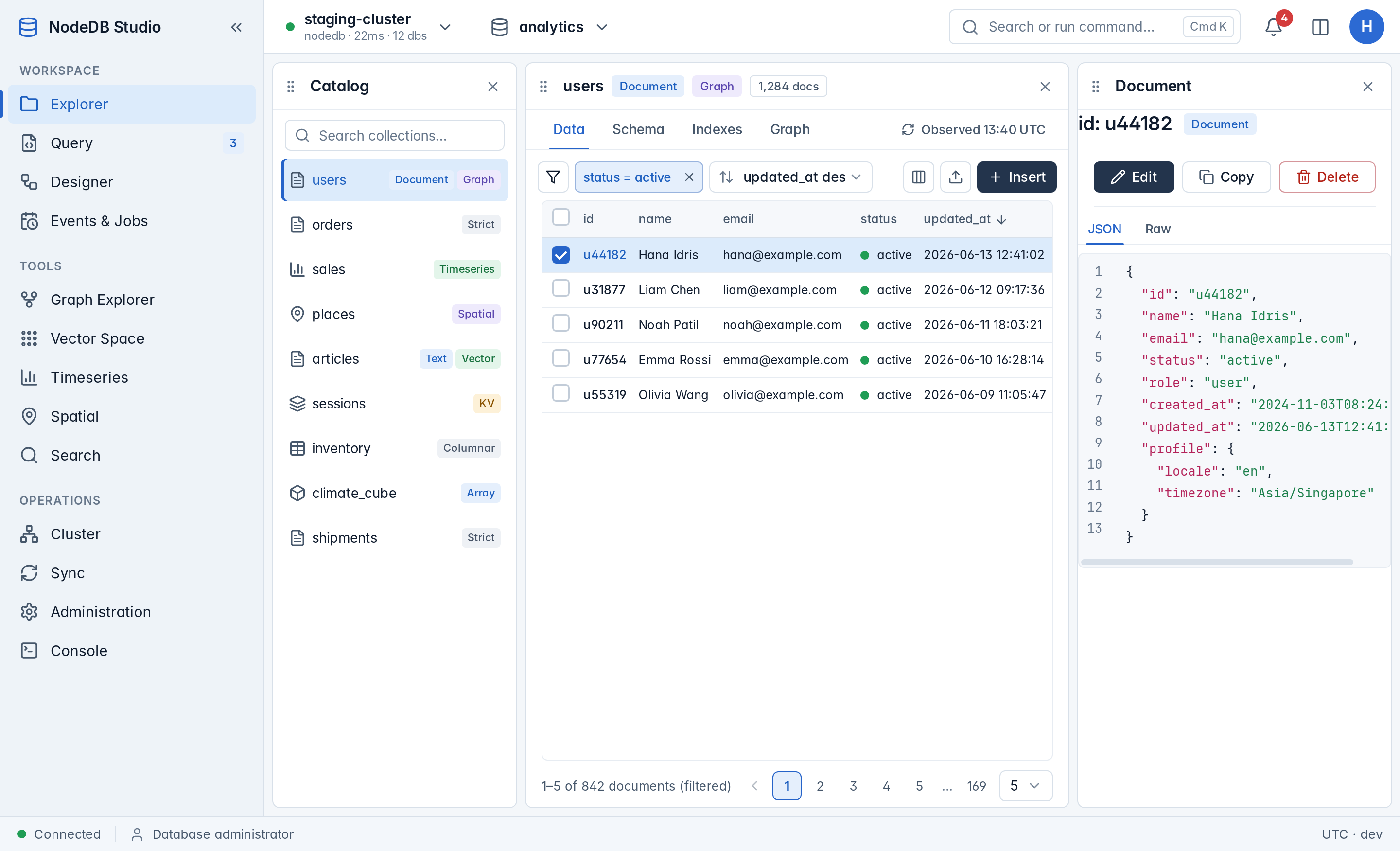NodeDB Studio Explorer showing a document collection