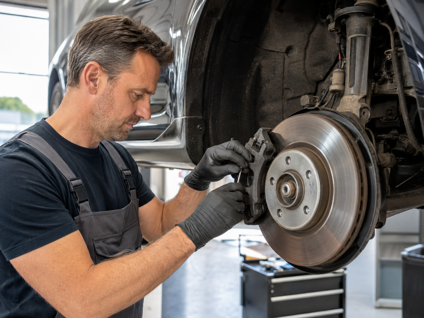 Bremsenservice durch Mechaniker in der Werkstatt
