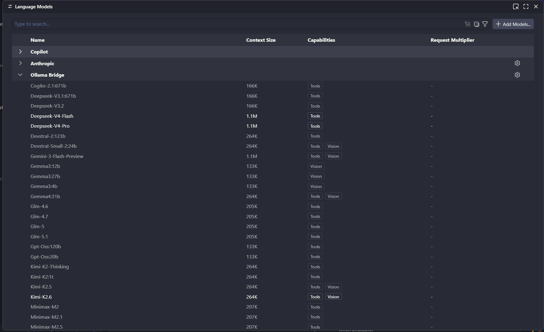 Ollama Bridge models in the VS Code Language Models view