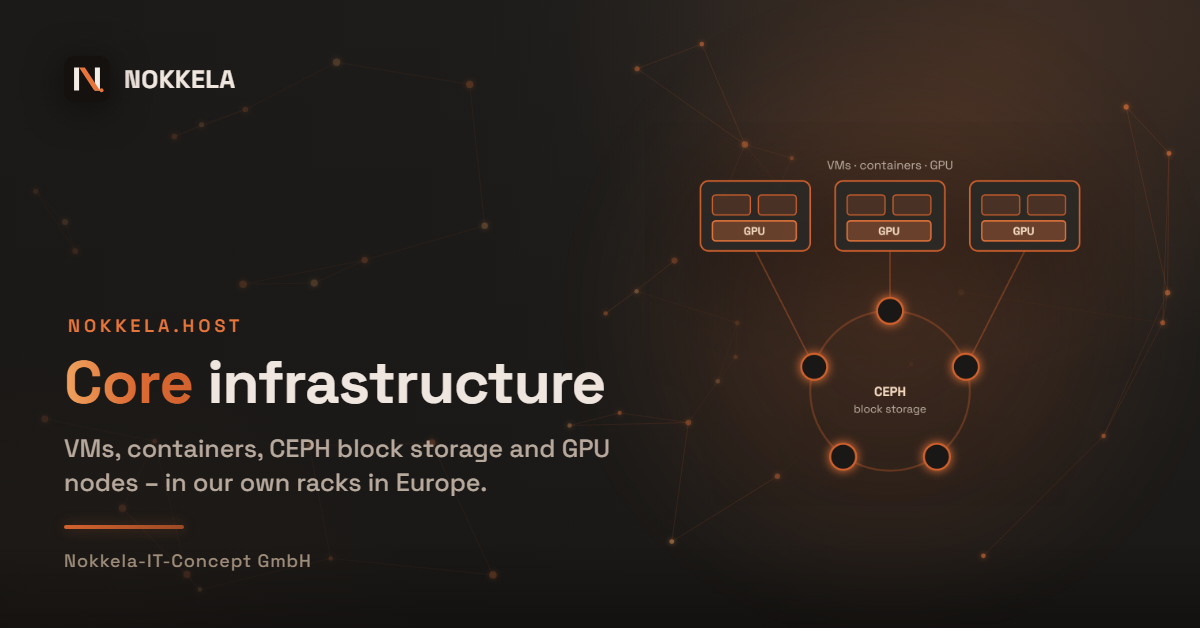 nokkela.host — core infrastructure: VMs, containers, CEPH block storage and GPU nodes
