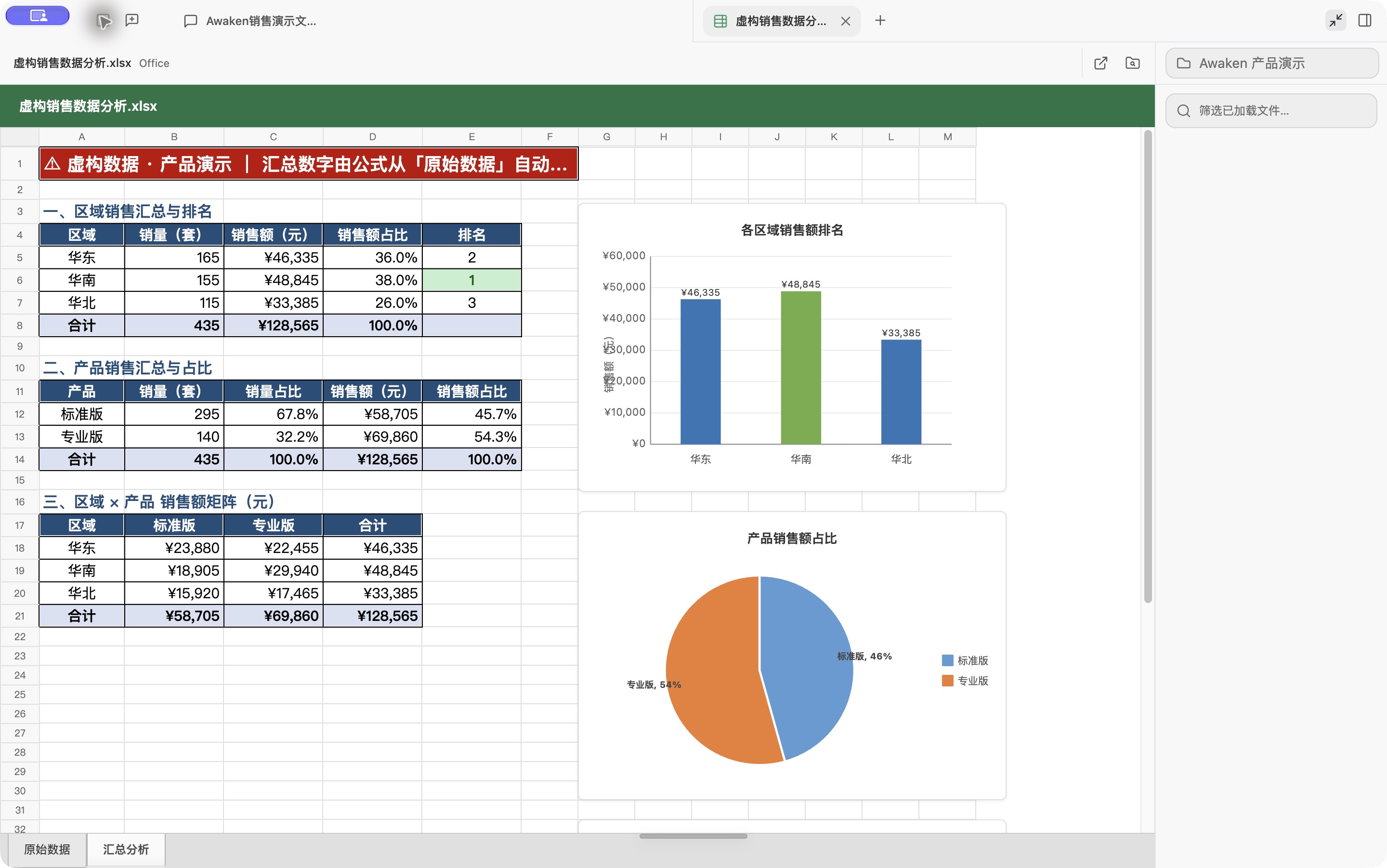 Excel 汇总分析与图表预览