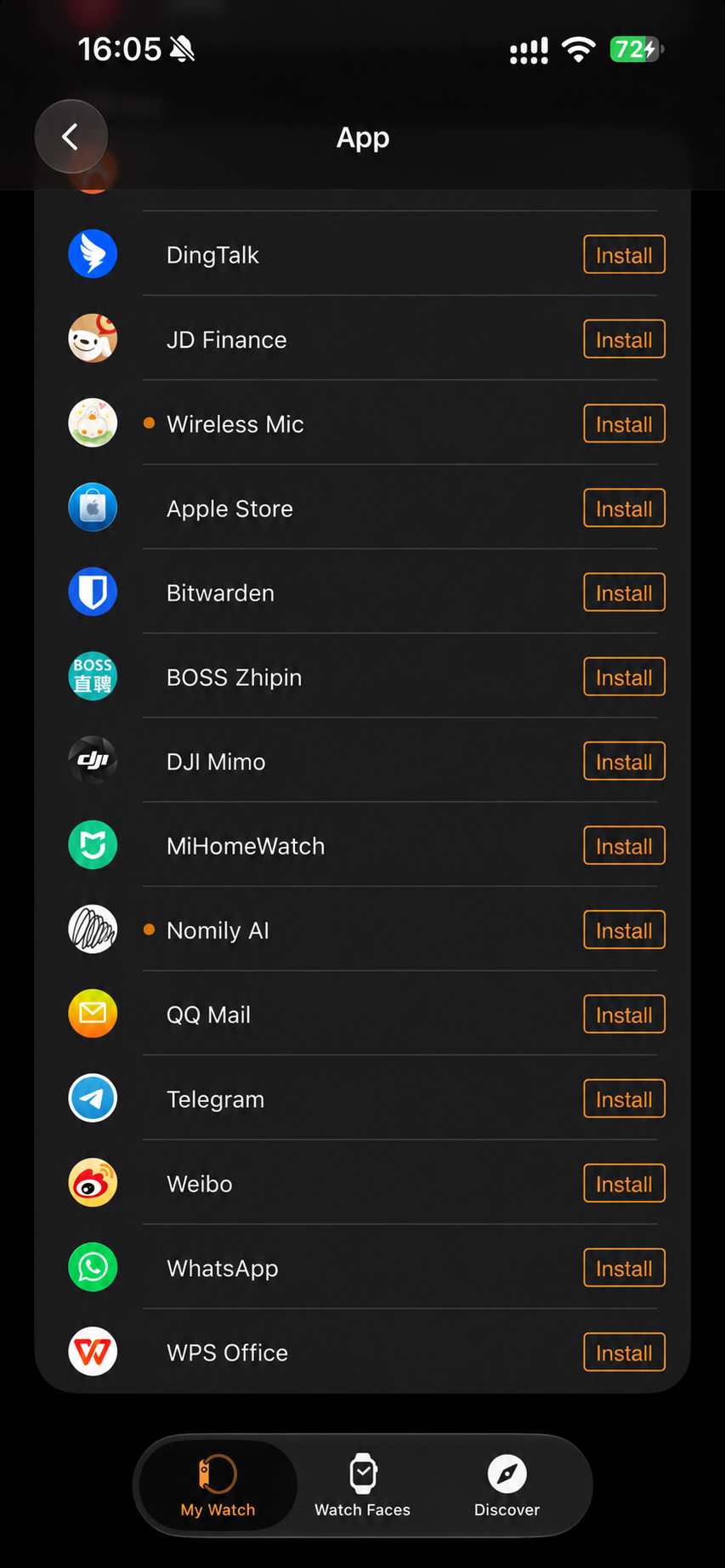 iPhone Watch app showing Nomily AI with an Install button