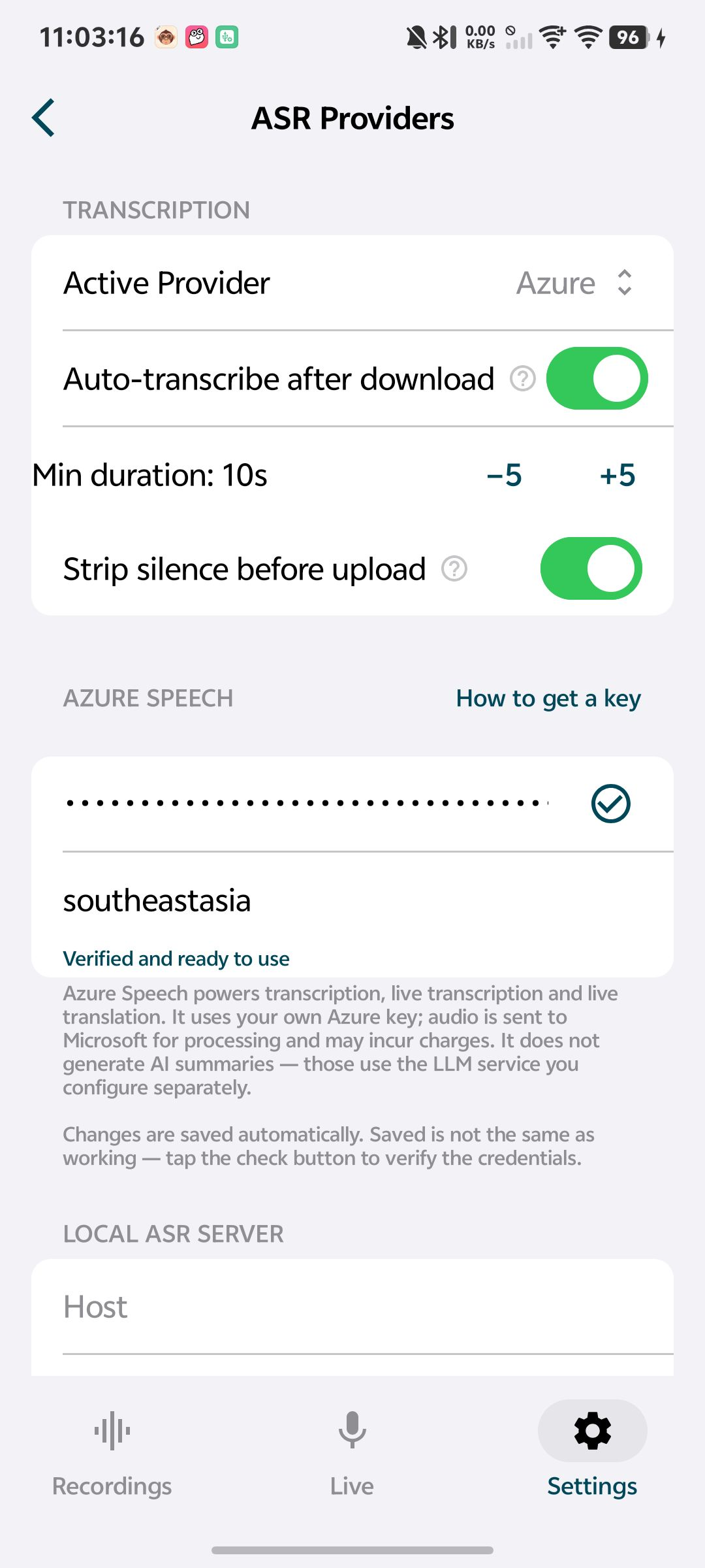 Android ASR provider settings with a masked key field