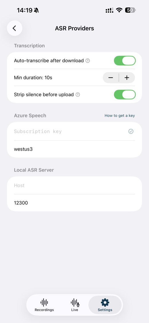 Nomily AI transcription provider settings