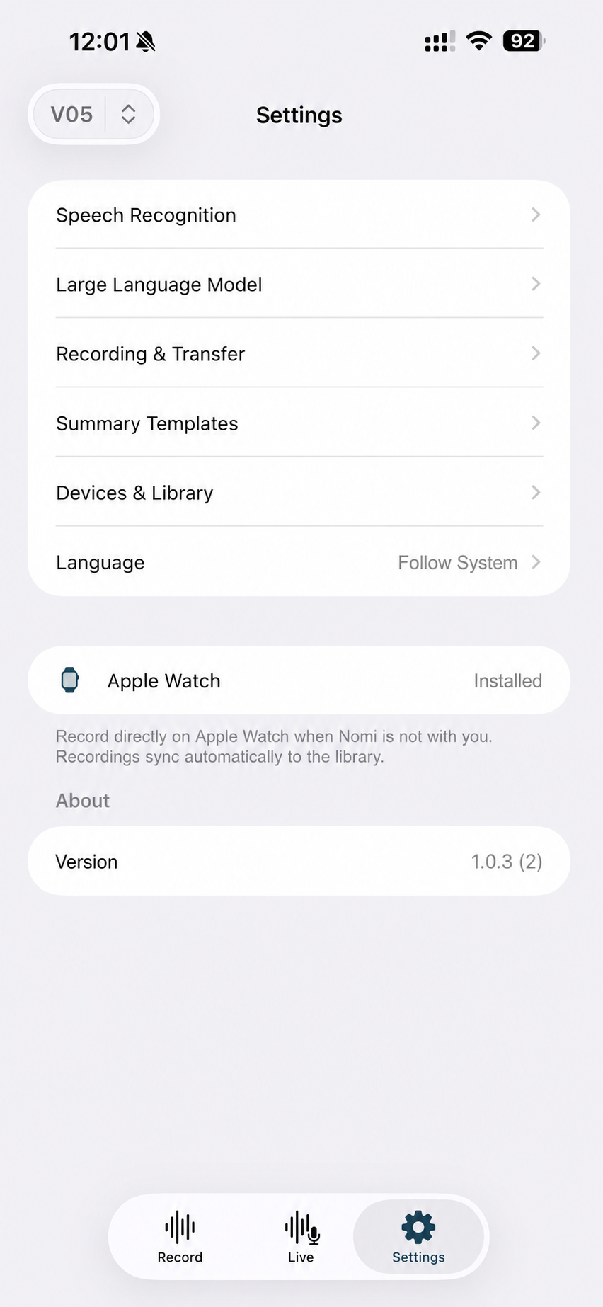 Nomily AI settings showing Apple Watch installed
