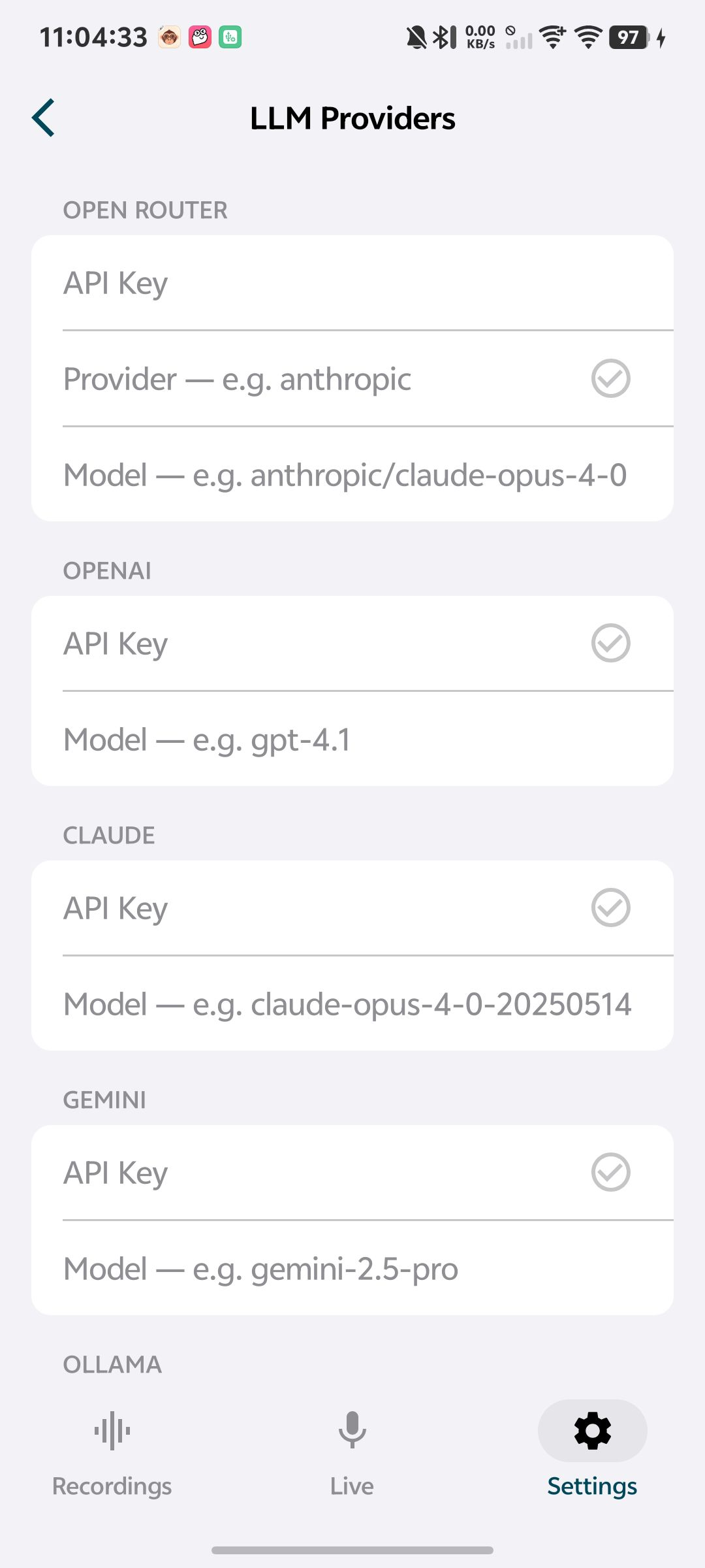 Android LLM provider configuration using placeholder values