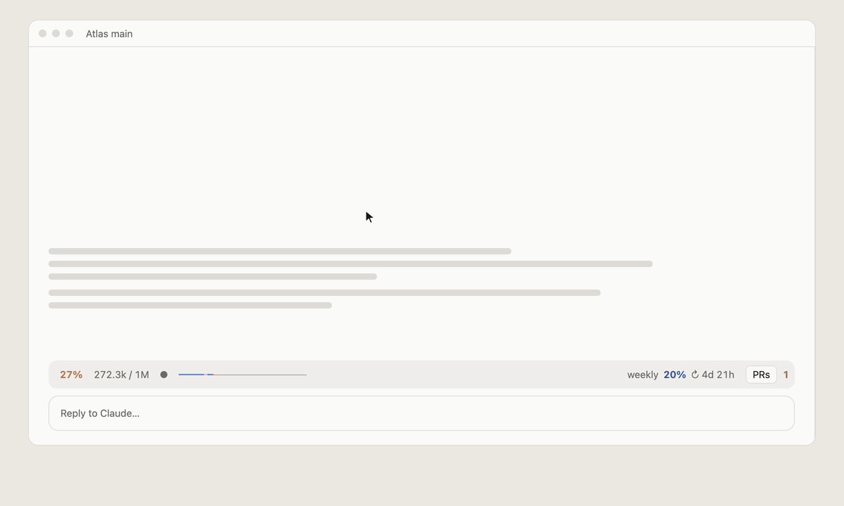 A walkthrough: click the bar to see the context breakdown, click PRs to open the sessions pane, open a session, ask about it, ask about everything in flight, ask about the done ones while Claude is still replying, unfold them.