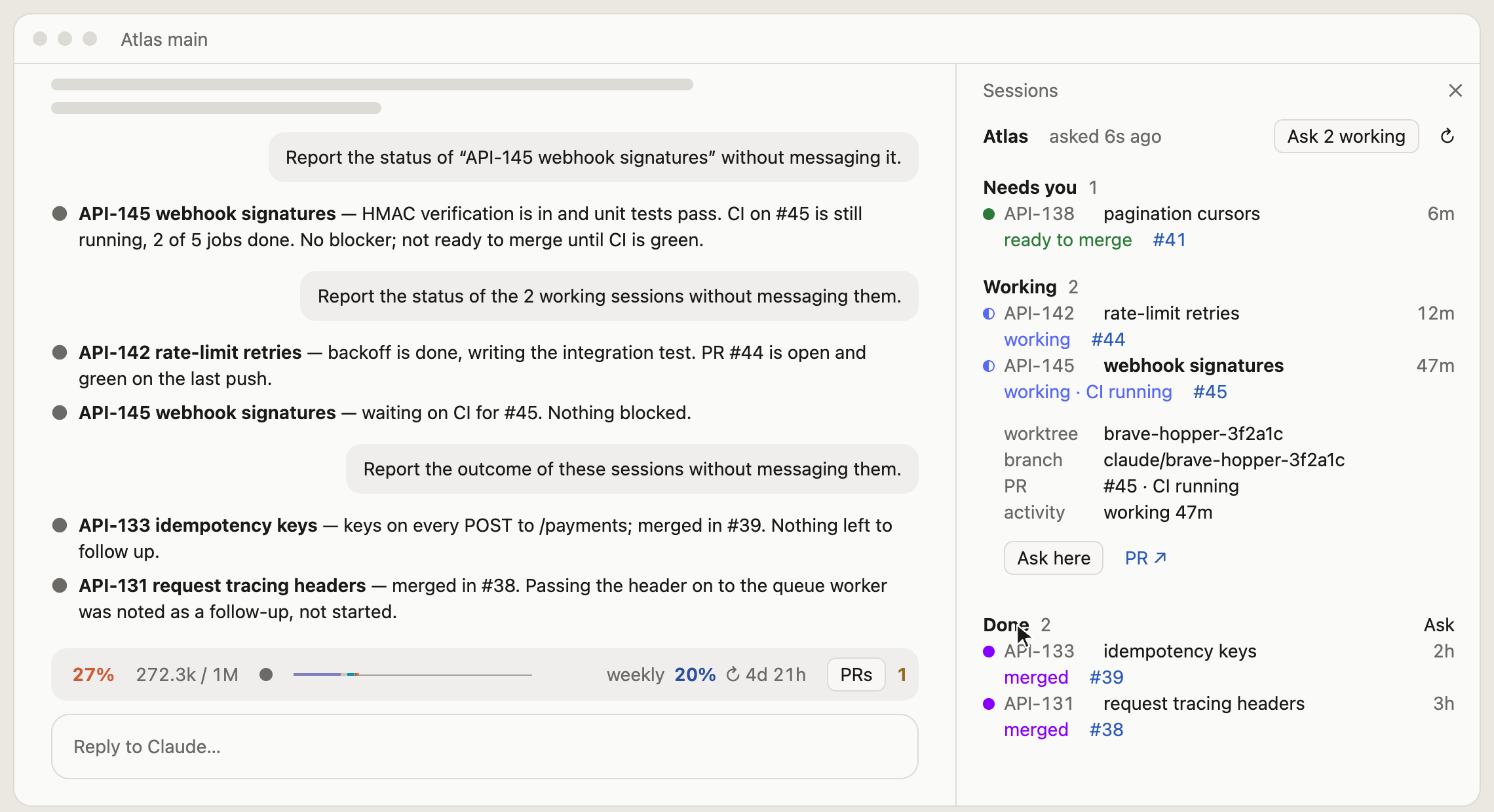 The sessions pane docked beside the chat.
