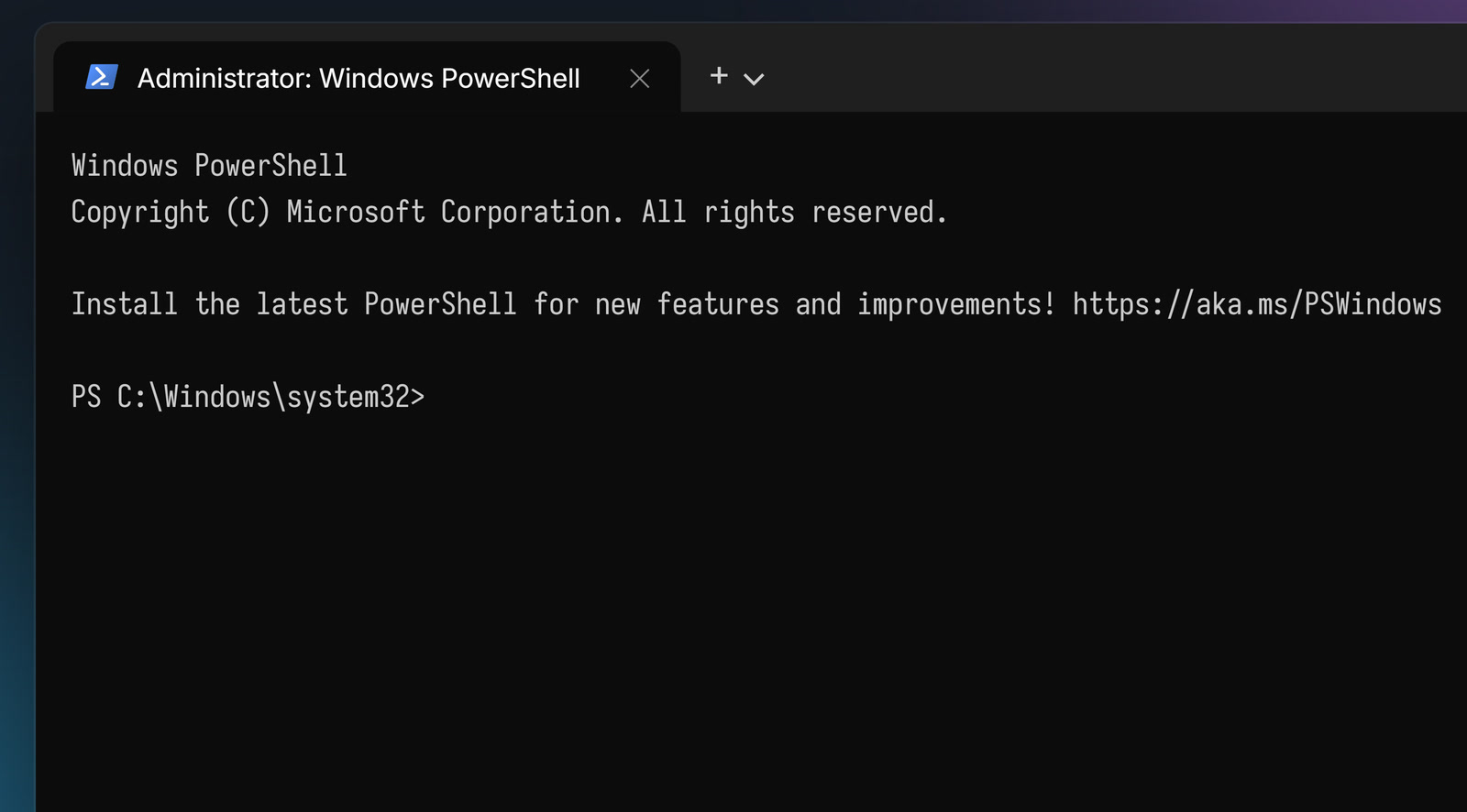 Windows PowerShell opened from frun, running as administrator