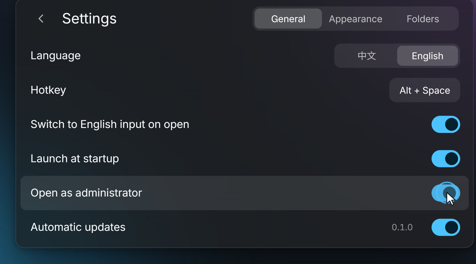 The Open as administrator switch