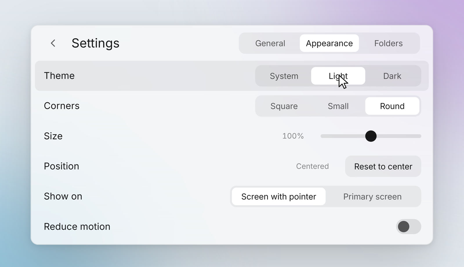 Settings in the light theme