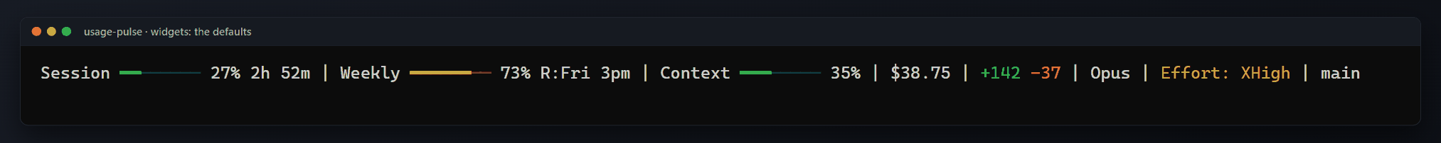 The bar gaining widgets: repo, session name and cache warmth; pace, plan, fast mode and thinking; pull request, files changed and budget