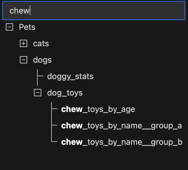 Screenshot showing searching the covertree for the word 'chew'