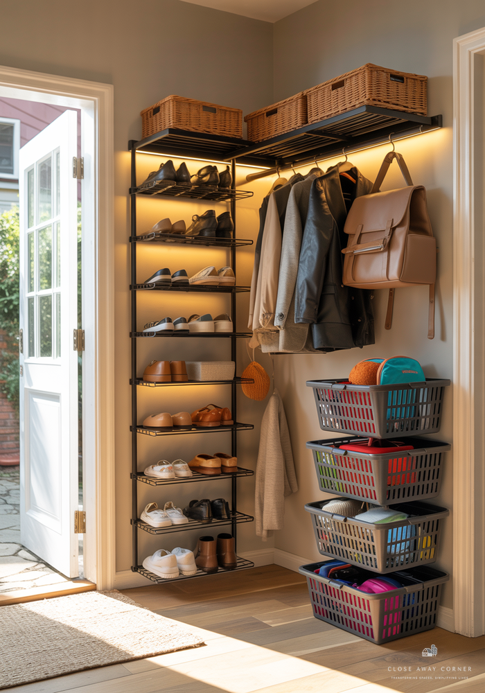 Entryway Organization with clothes rack and baskets