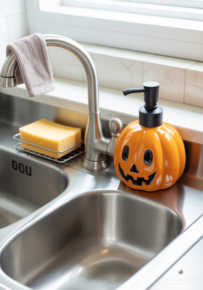 Pumpkin soap dispenser on kitchen sink