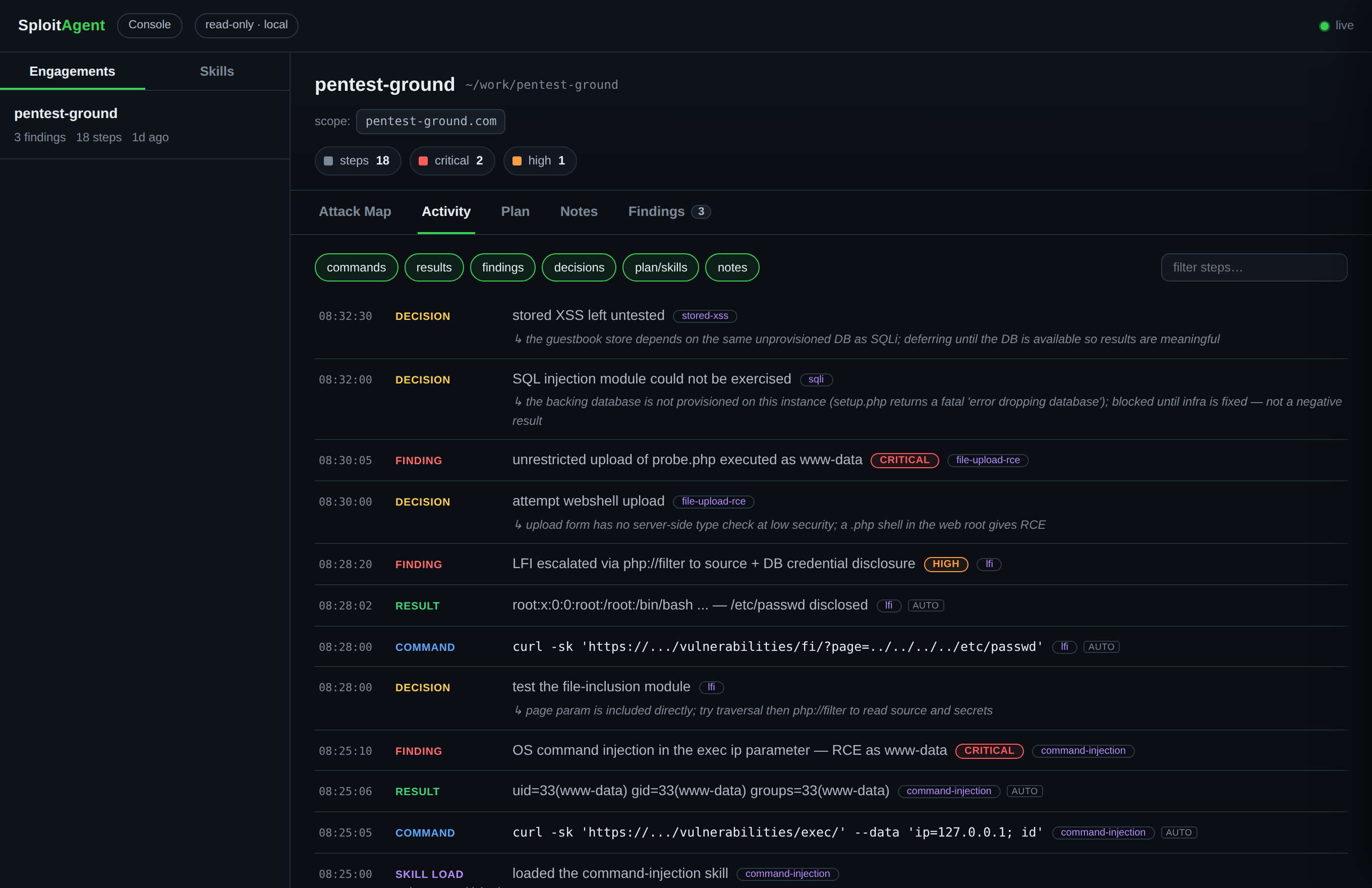 The live activity timeline: decisions, commands, results and findings as the agent works