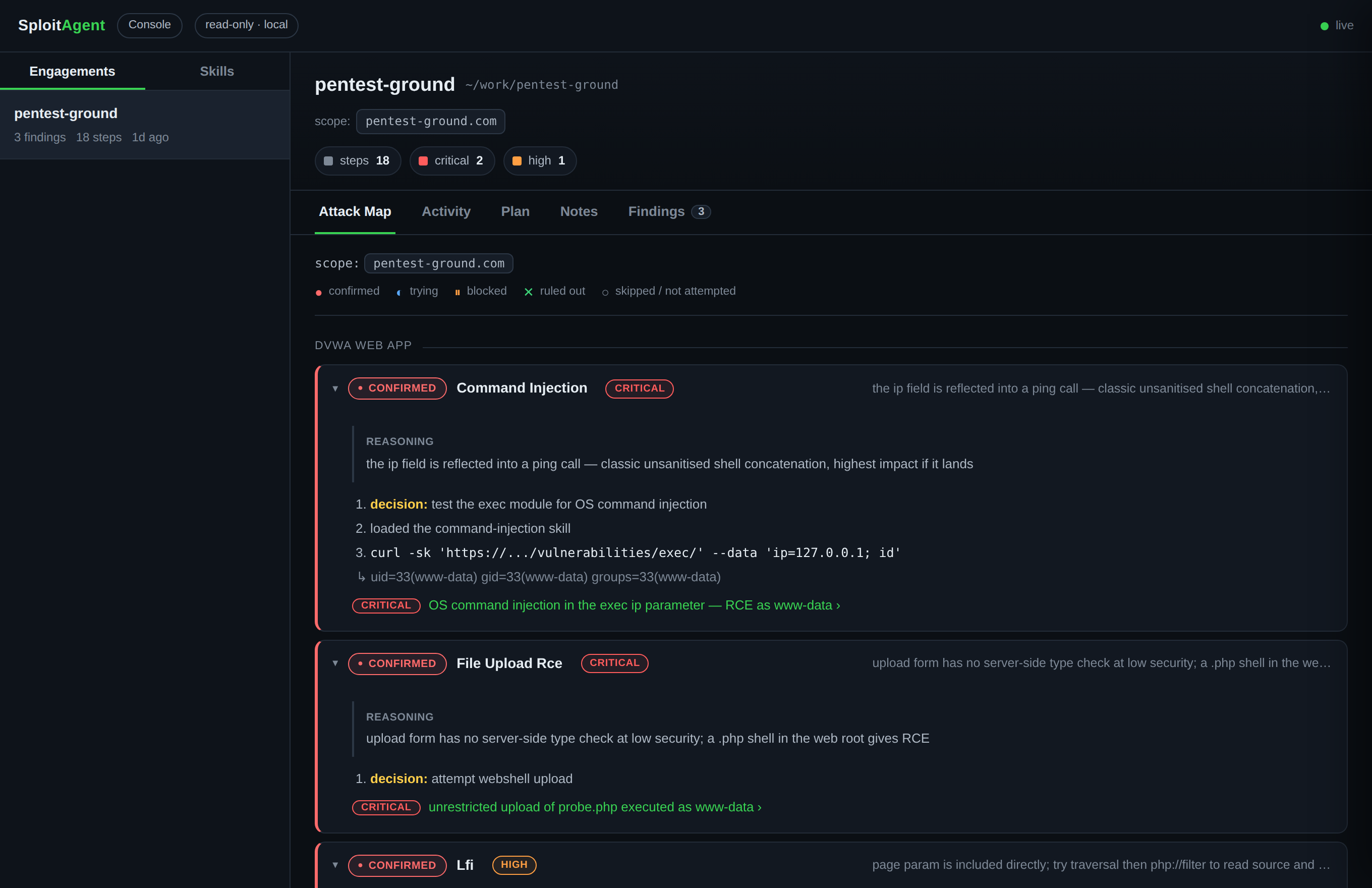 The console Attack Map: each attack lead with its status, the reasoning behind it, the steps taken, and a link to the confirmed finding