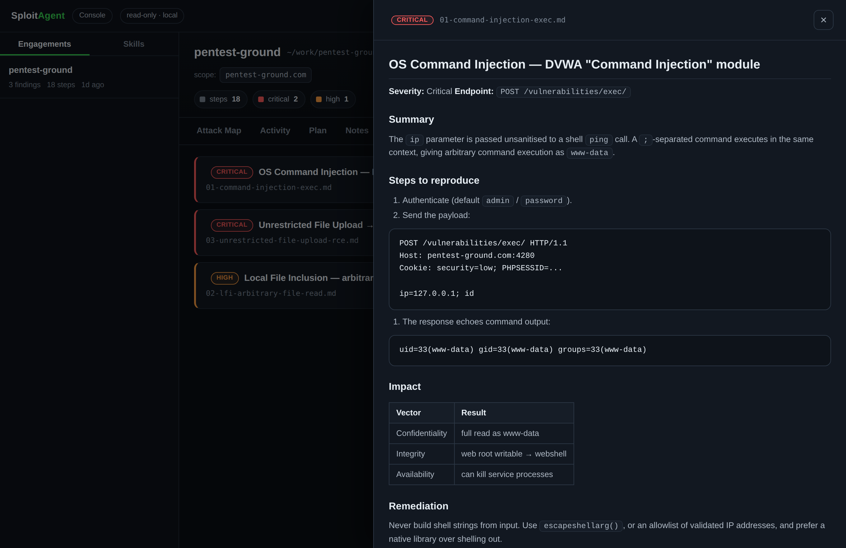 A confirmed finding rendered in the console: steps to reproduce, the request, and an impact table