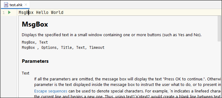 Documentation popup for MsgBox function