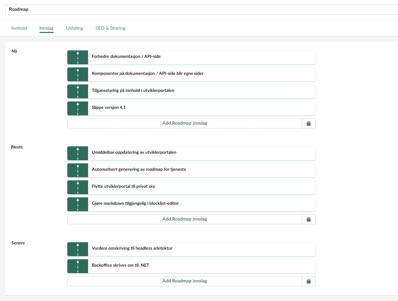 The backoffice editor for roadmap entries