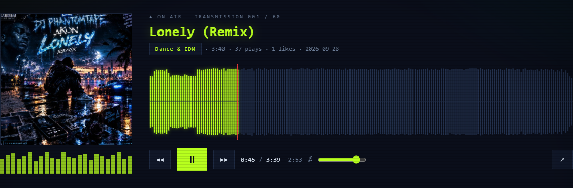 PHANTOMTAPE 103.7 broadcast player mid-playback: waveform with lit playhead, ON AIR, 0:47 of 3:39 on Lonely (Remix)