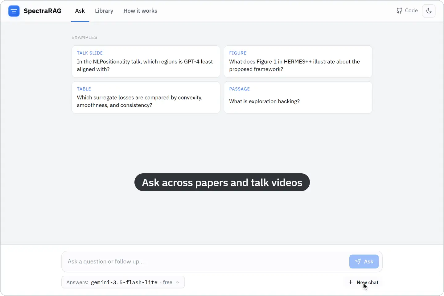 Asking which surrogate losses a paper's Table 1 compares: the answer cites the table, and its source opens the page with the table boxed. Then asking about a talk: the answer cites slide 24, and its source opens the video at 5:01 on that chart