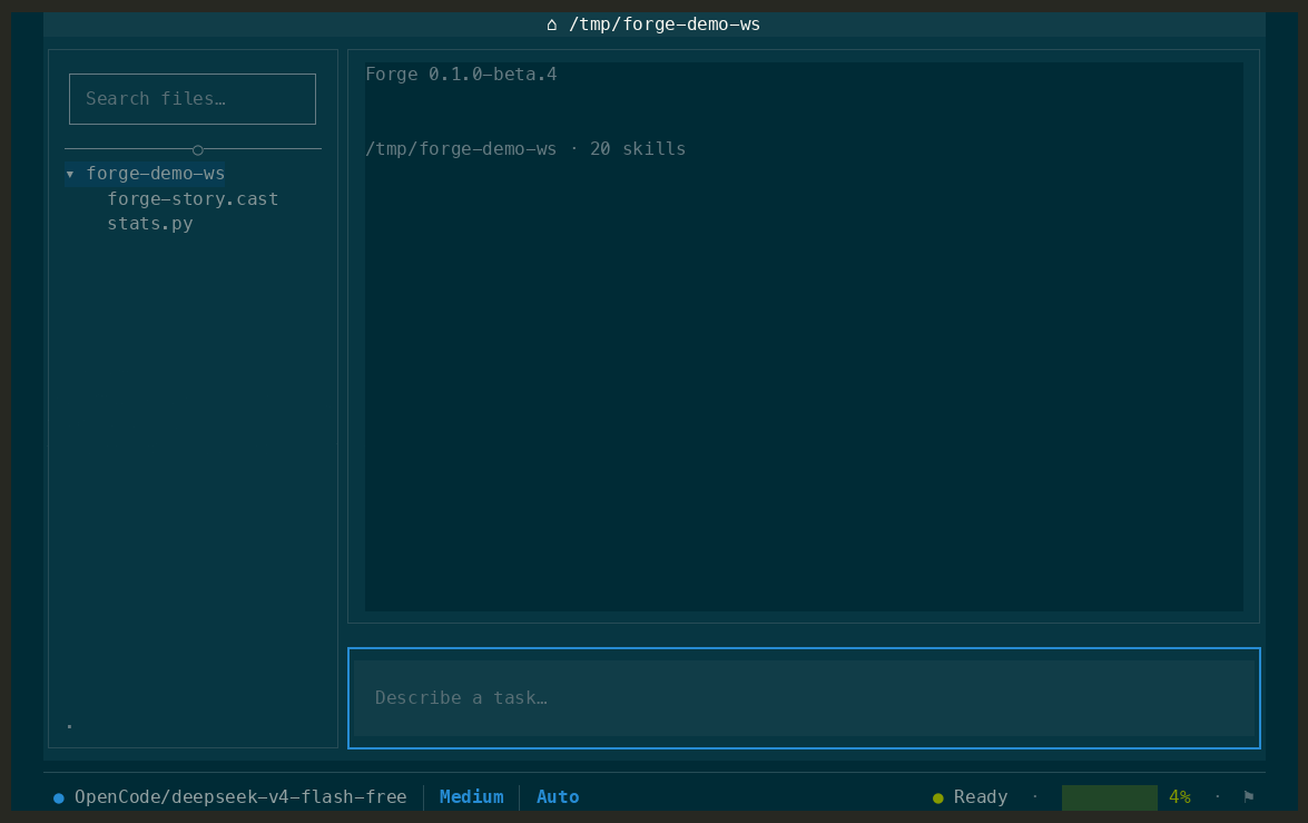 Forge demo: a bug is caught in the terminal, fixed by hand in the editor, verified, then hardened by the agent—all in one pane