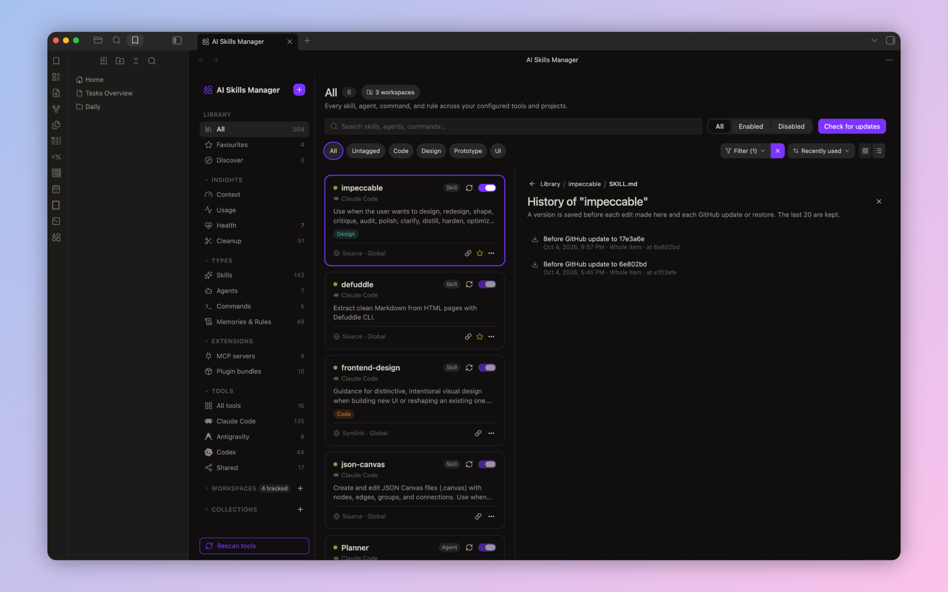 History panel listing saved versions of a skill