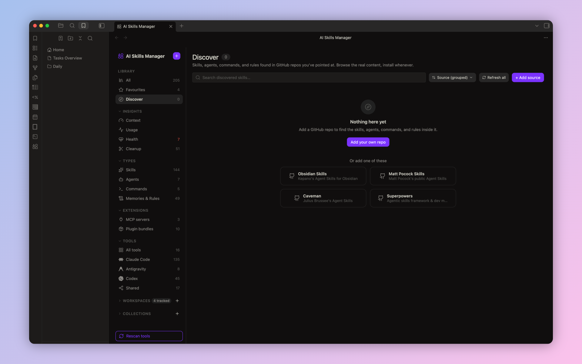 Discover tab, empty state with suggested starter repos