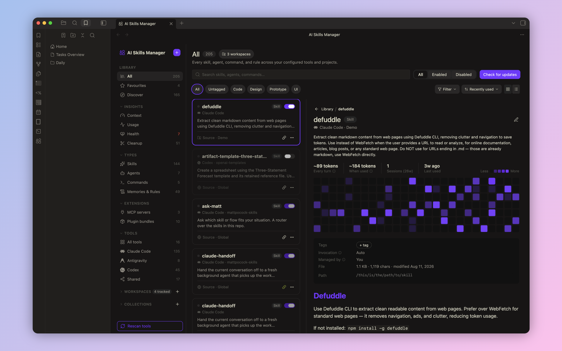 Detail panel previewing a skill's full rendered content alongside its metadata