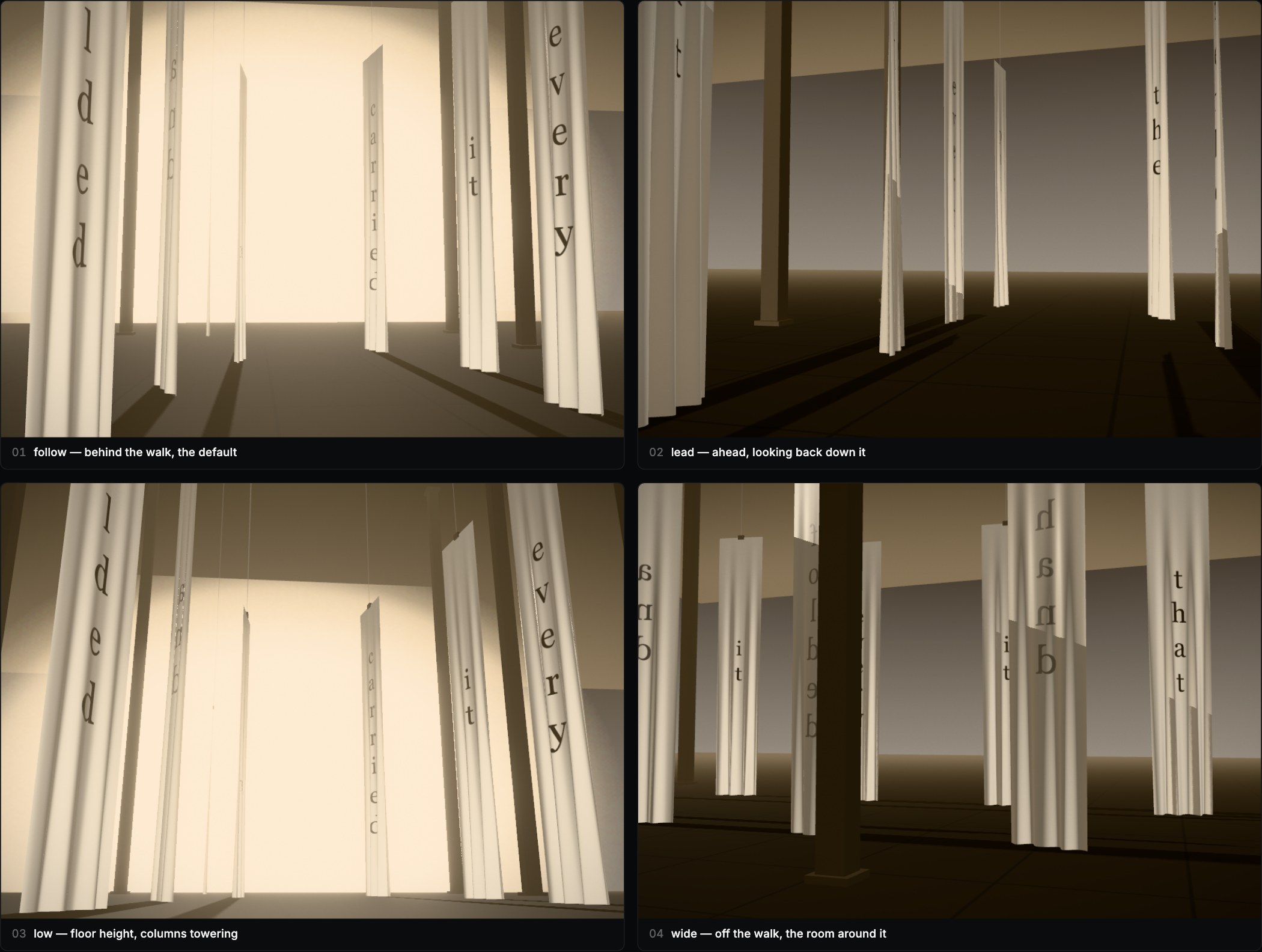 The four stage camera shots — follow, lead, low and wide