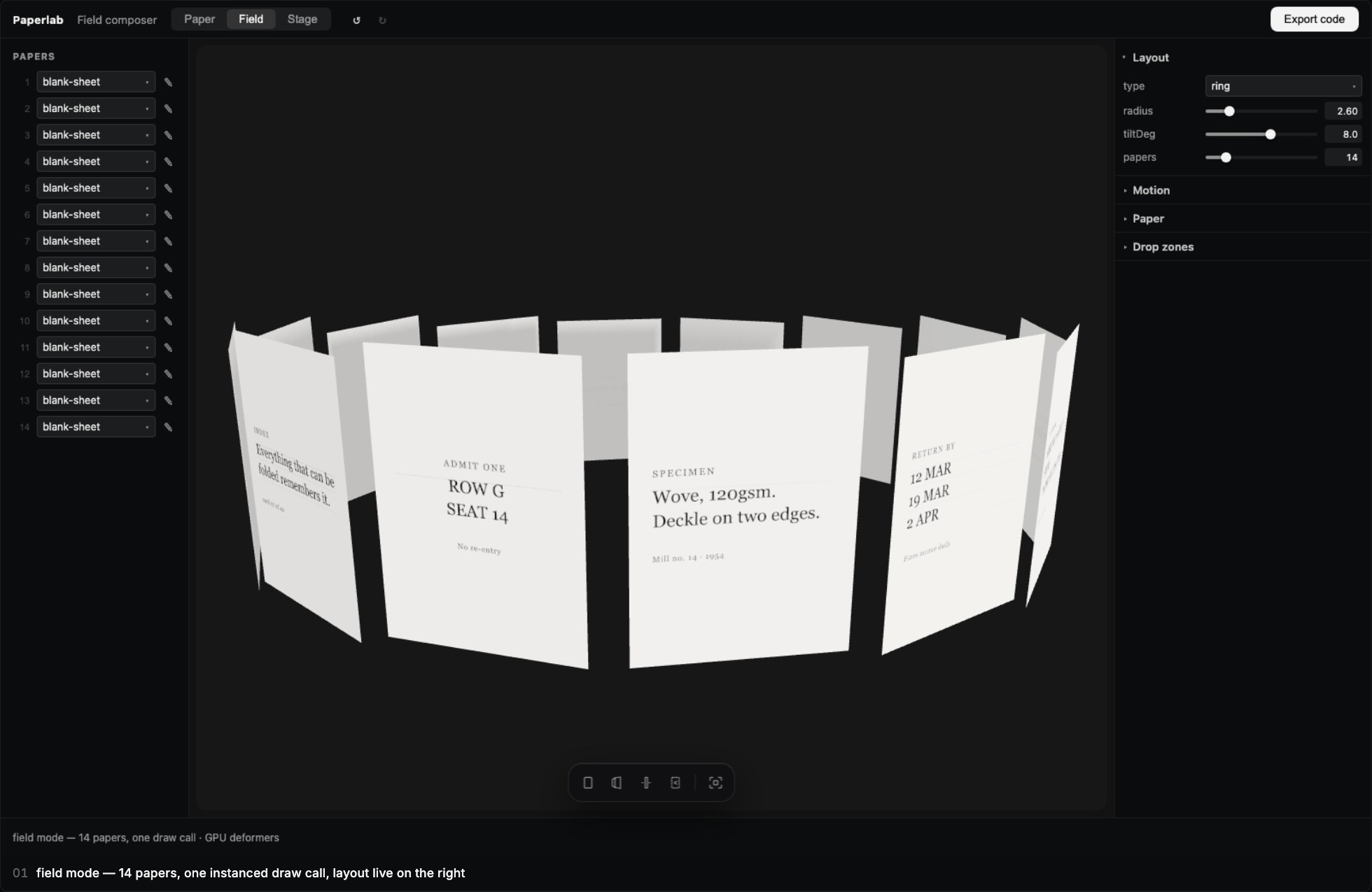 The editor in field mode, fourteen cards arranged in a ring with the layout panel open