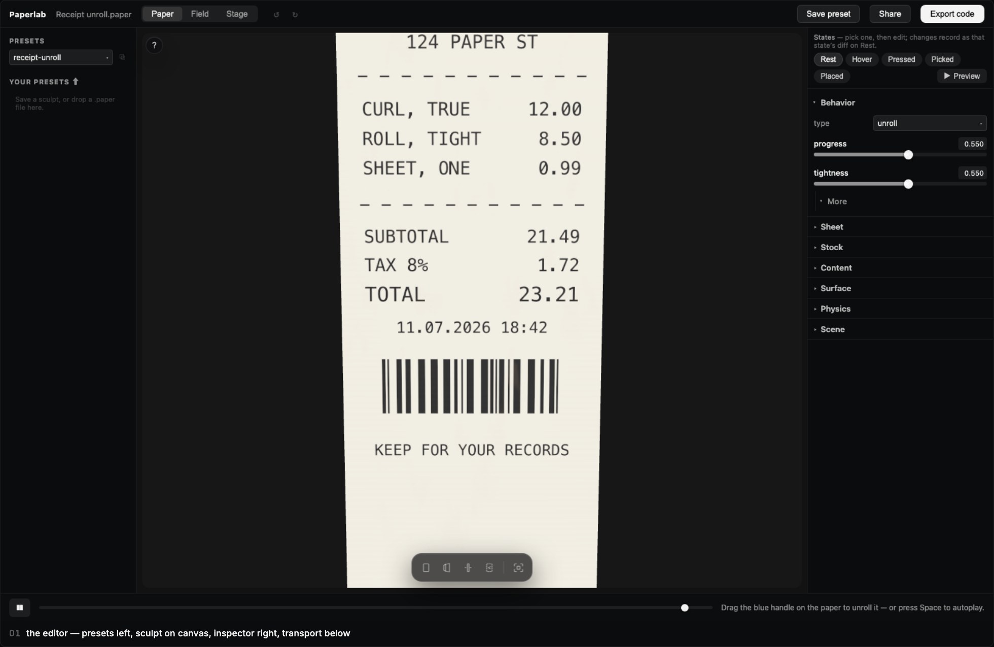 The Paperlab editor in paper mode, showing a thermal receipt on the canvas with the inspector open