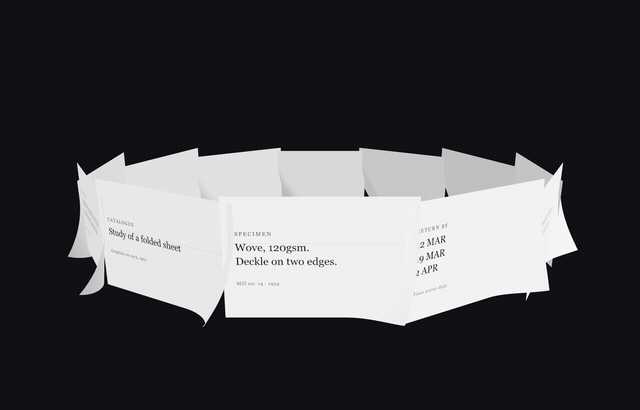 Twelve cards standing in a ring, each with its corner peeling, rotating slowly