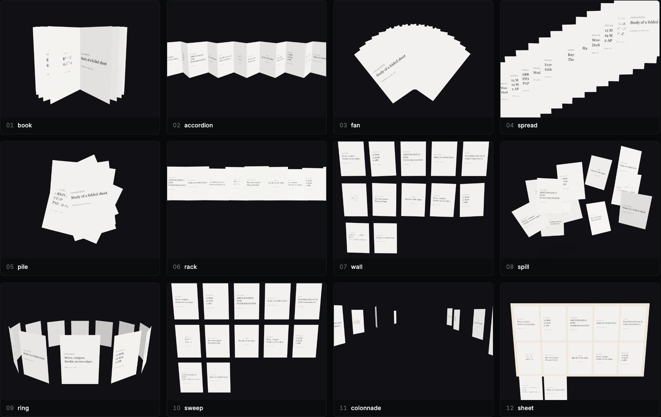 All twelve field layouts rendered side by side