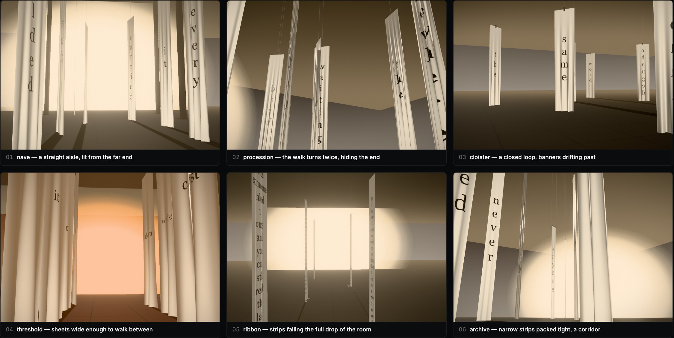 The six stage presets — nave, procession, cloister, threshold, ribbon and archive