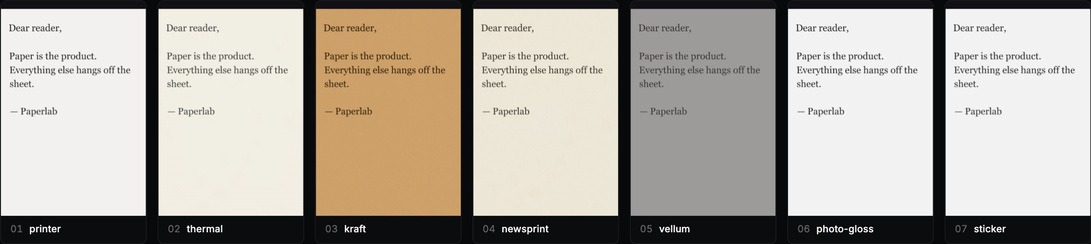 The same letter on all seven paper stocks, side by side