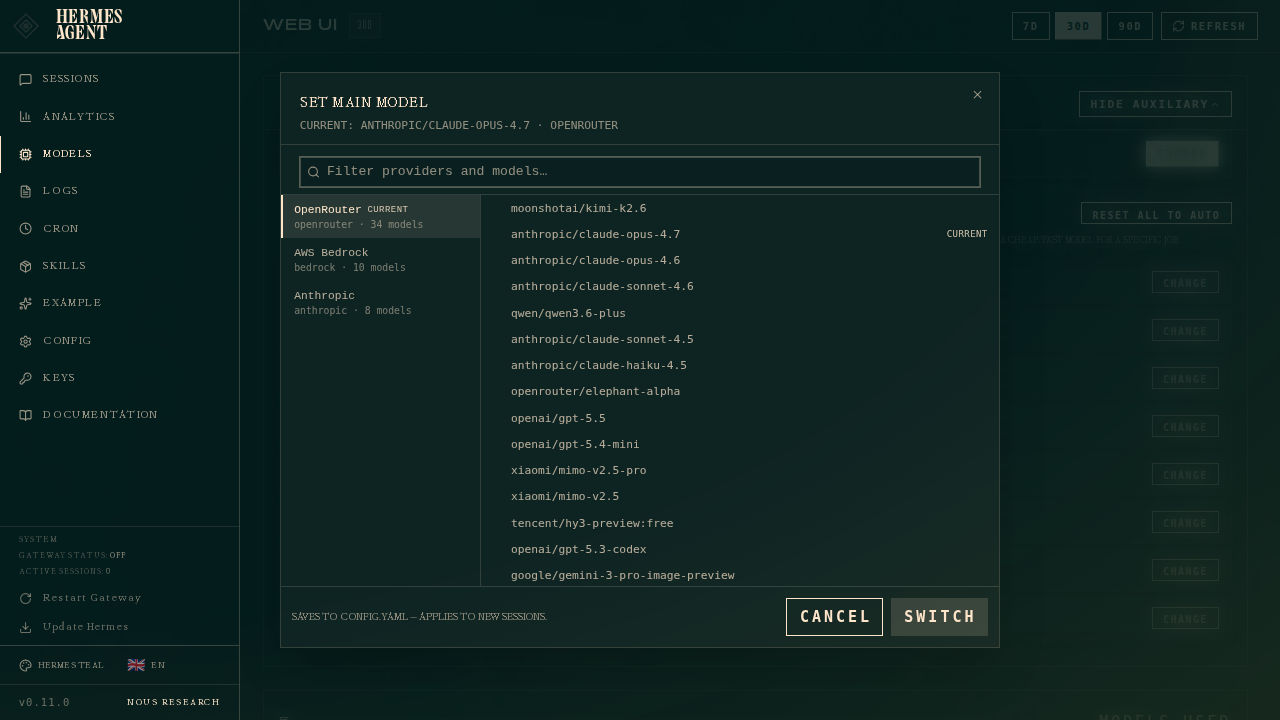 Panel de selección de modelos en la interfaz web de Hermes Agent